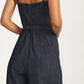 Square Neck Wide-Leg Denim Jumpsuit with Tie Waist