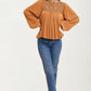 Embroidered Yoke Long Sleeve Peasant Blouse
