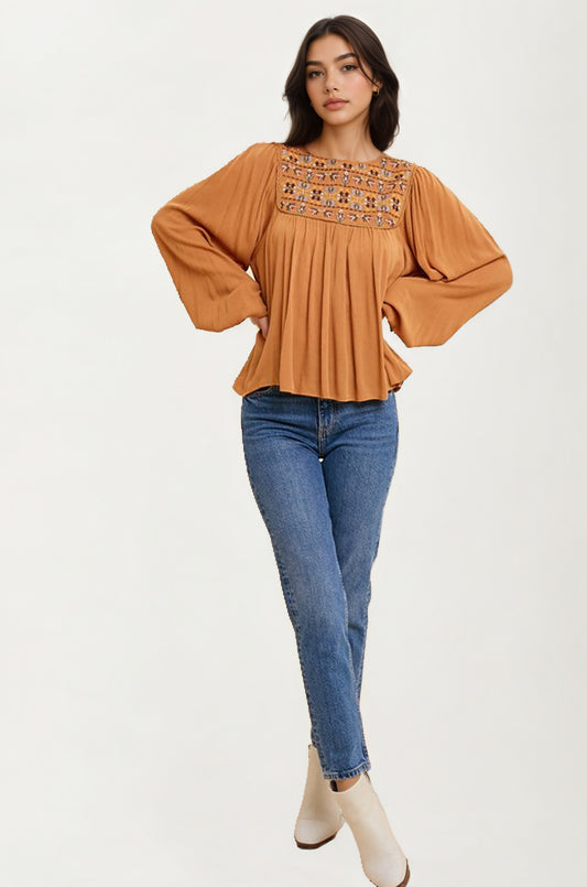 Embroidered Yoke Long Sleeve Peasant Blouse