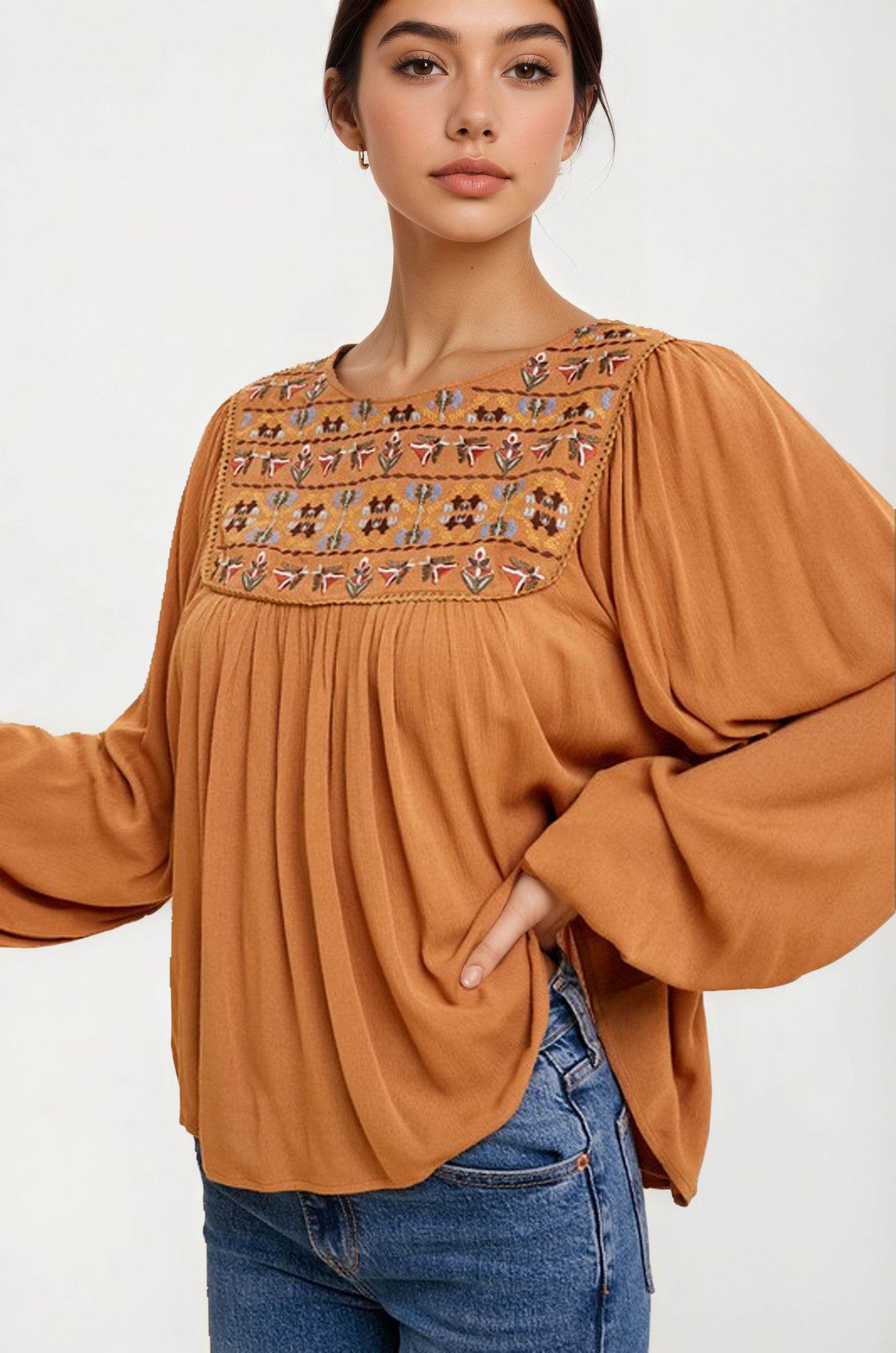 Embroidered Yoke Long Sleeve Peasant Blouse