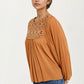 Embroidered Yoke Long Sleeve Peasant Blouse