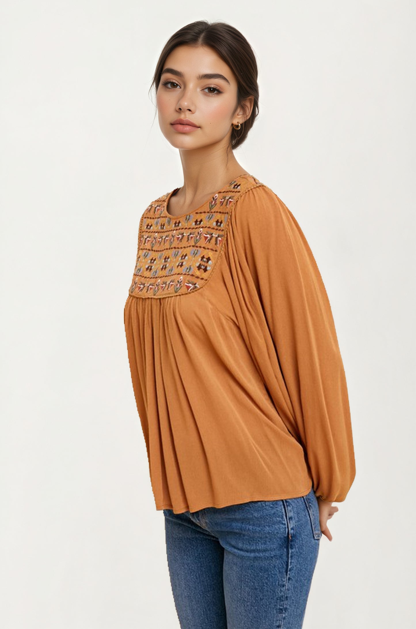 Embroidered Yoke Long Sleeve Peasant Blouse