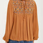 Embroidered Yoke Long Sleeve Peasant Blouse