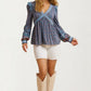 Floral Print Boho Blouse with Contrast Trim and V-Neck