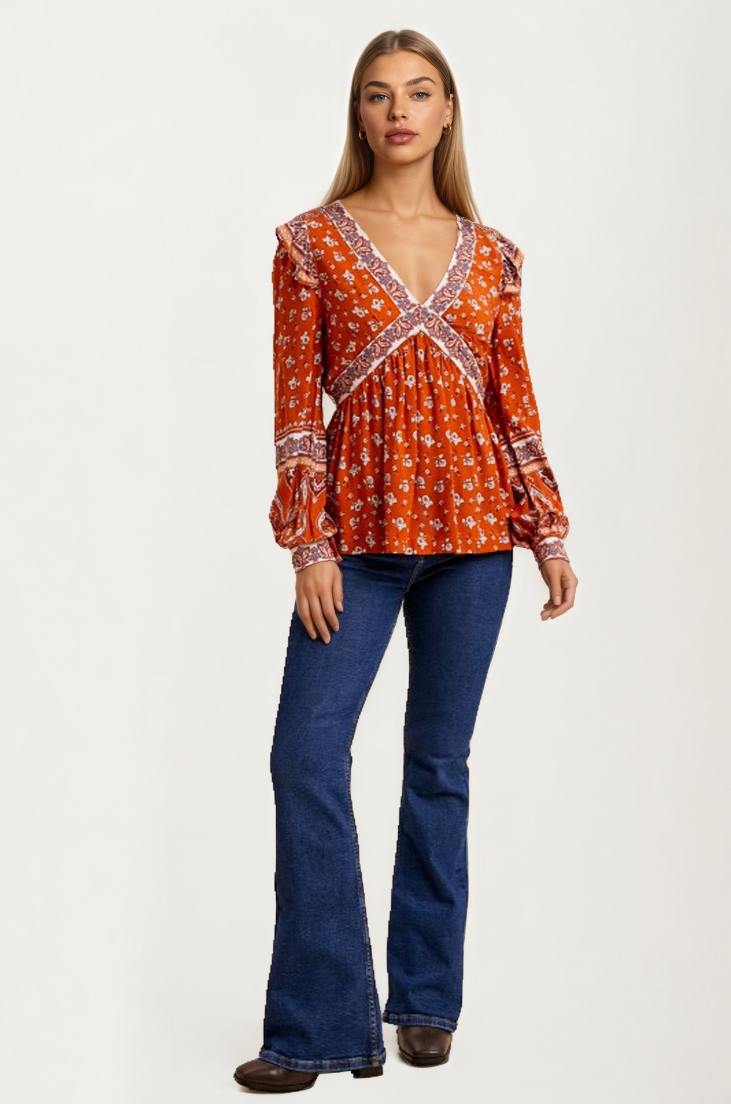 Floral Print Boho Blouse with Contrast Trim and V-Neck