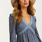 Floral Print Boho Blouse with Contrast Trim and V-Neck