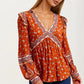 Floral Print Boho Blouse with Contrast Trim and V-Neck