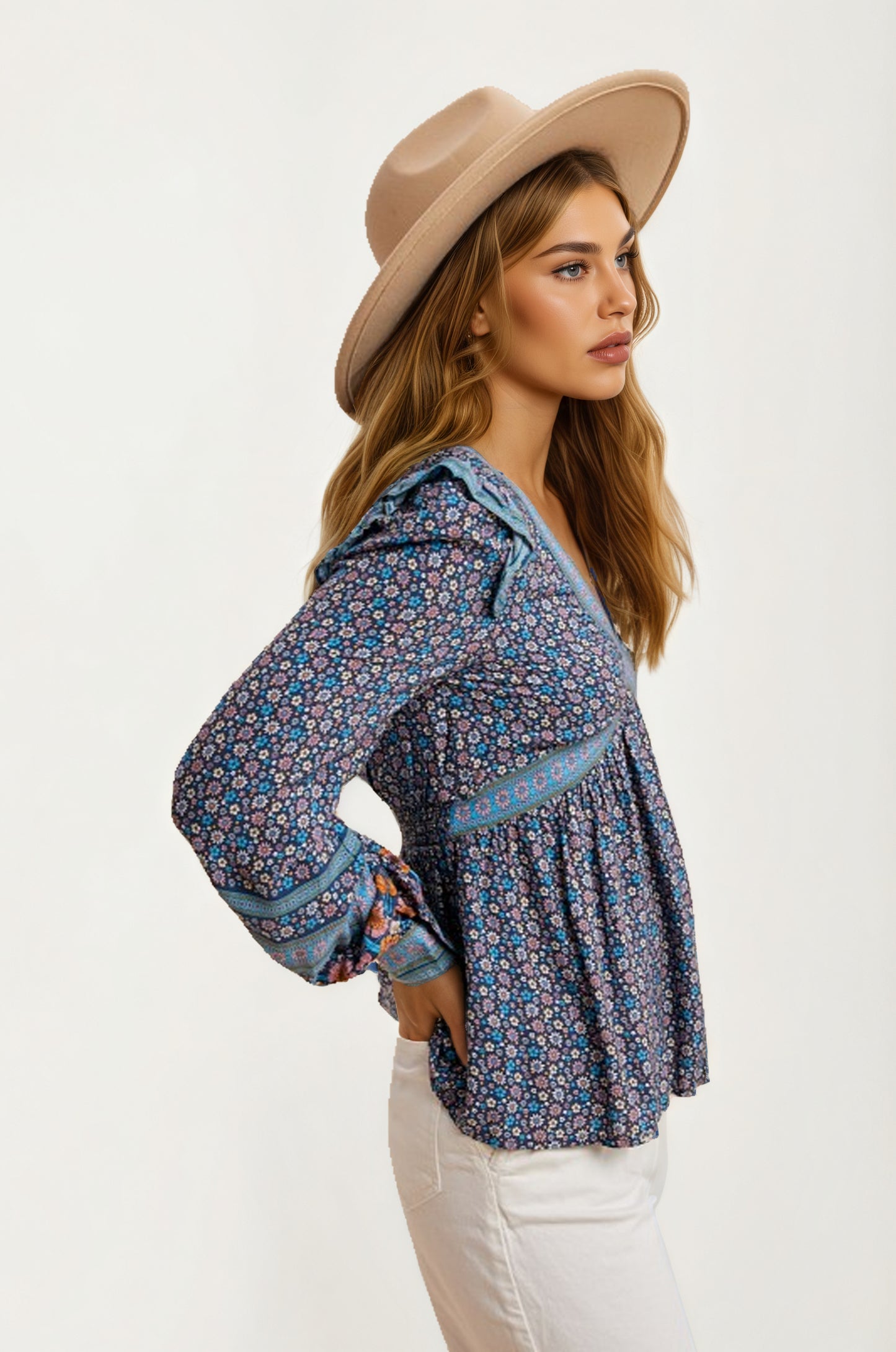 Floral Print Boho Blouse with Contrast Trim and V-Neck