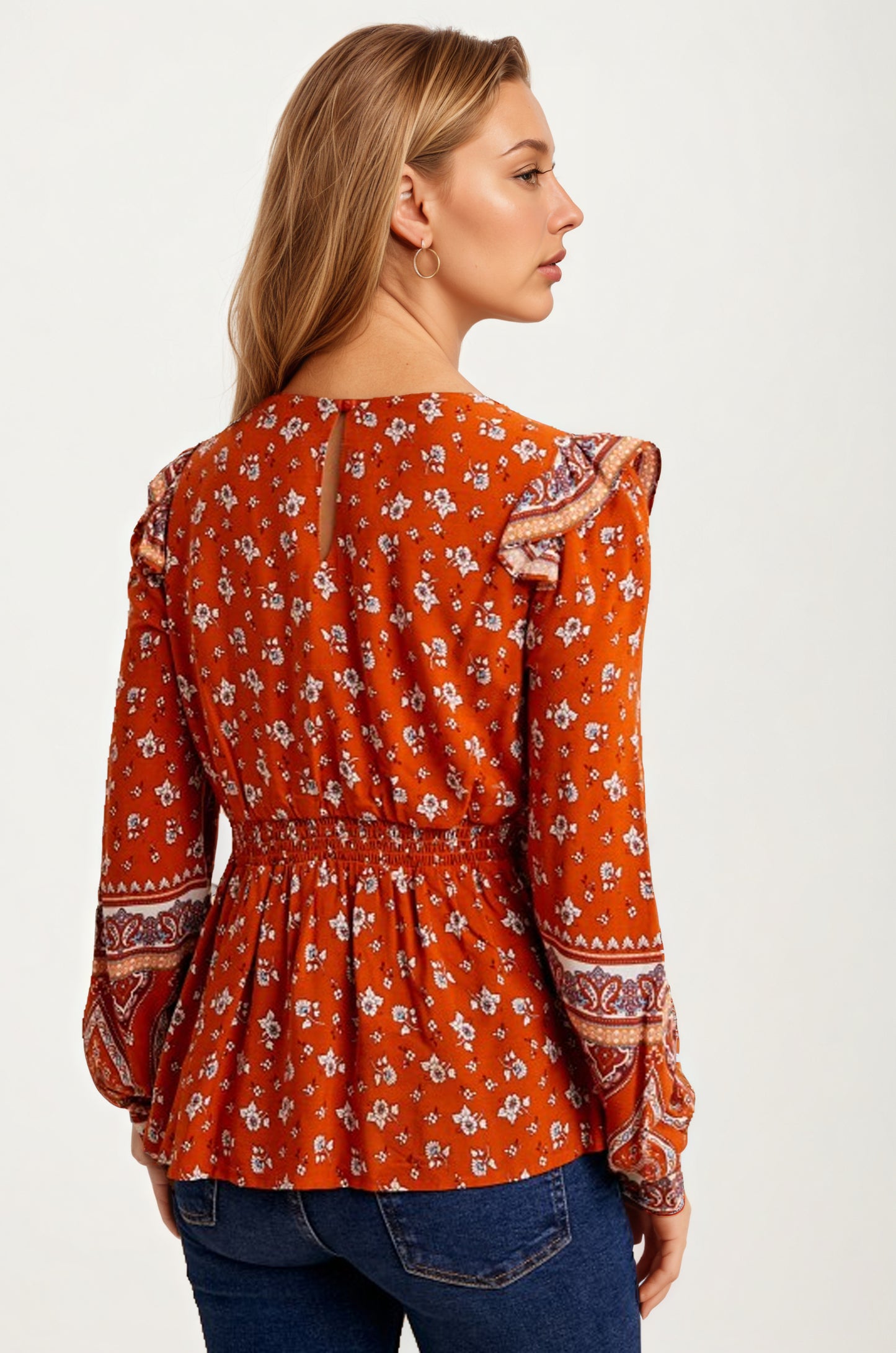 Floral Print Boho Blouse with Contrast Trim and V-Neck