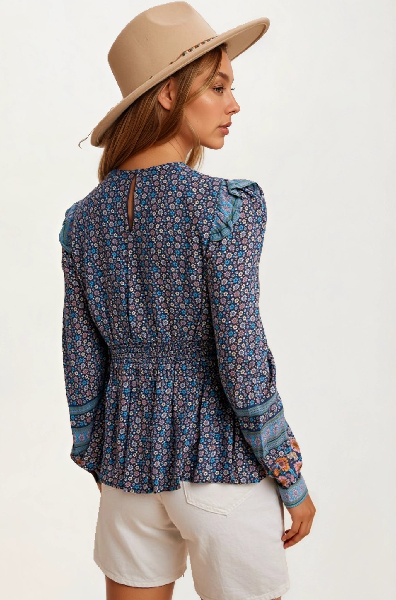 Floral Print Boho Blouse with Contrast Trim and V-Neck
