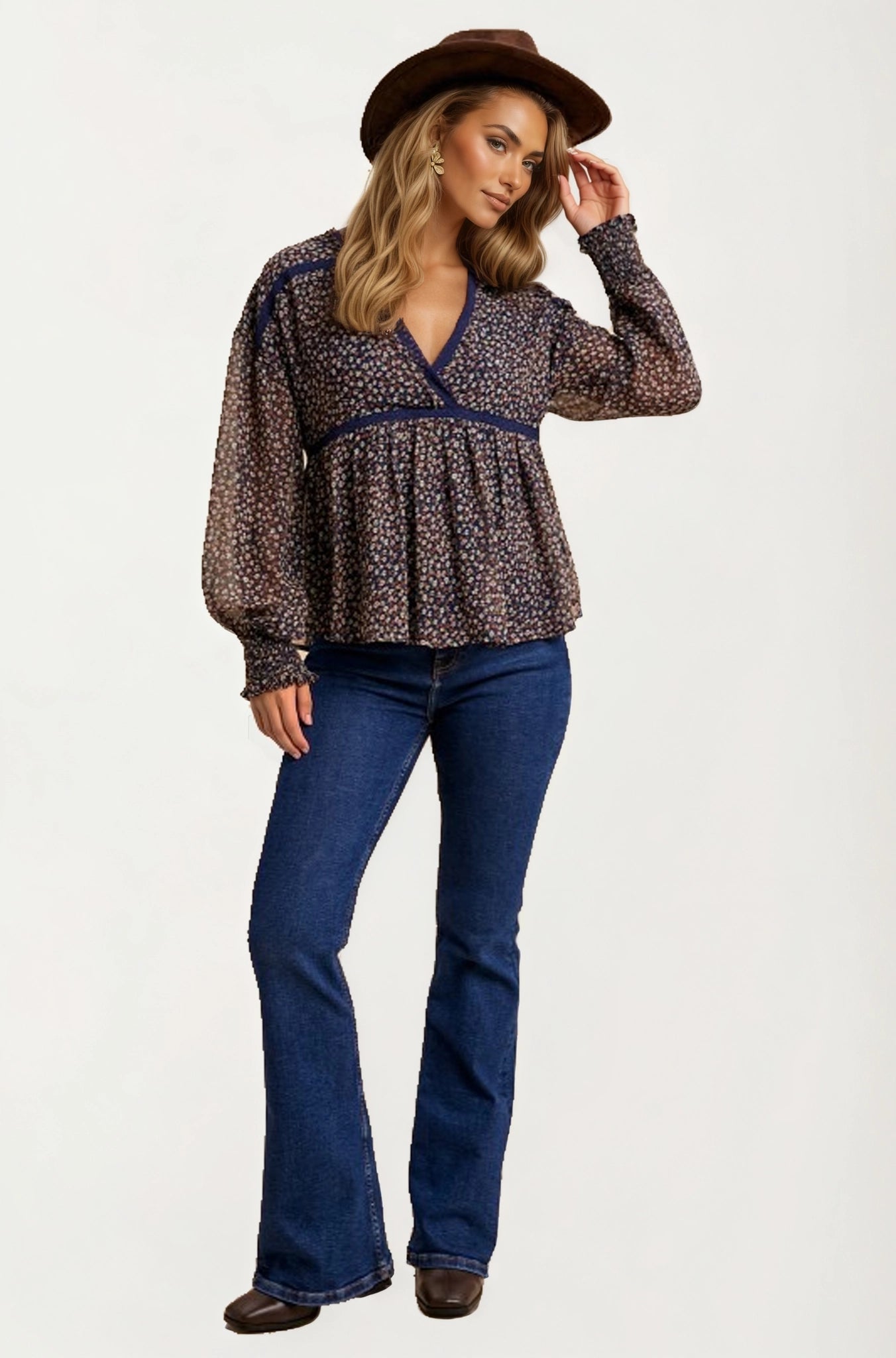 Sheer Floral Long Sleeve Blouse with Smocked Cuffs