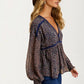 Sheer Floral Long Sleeve Blouse with Smocked Cuffs