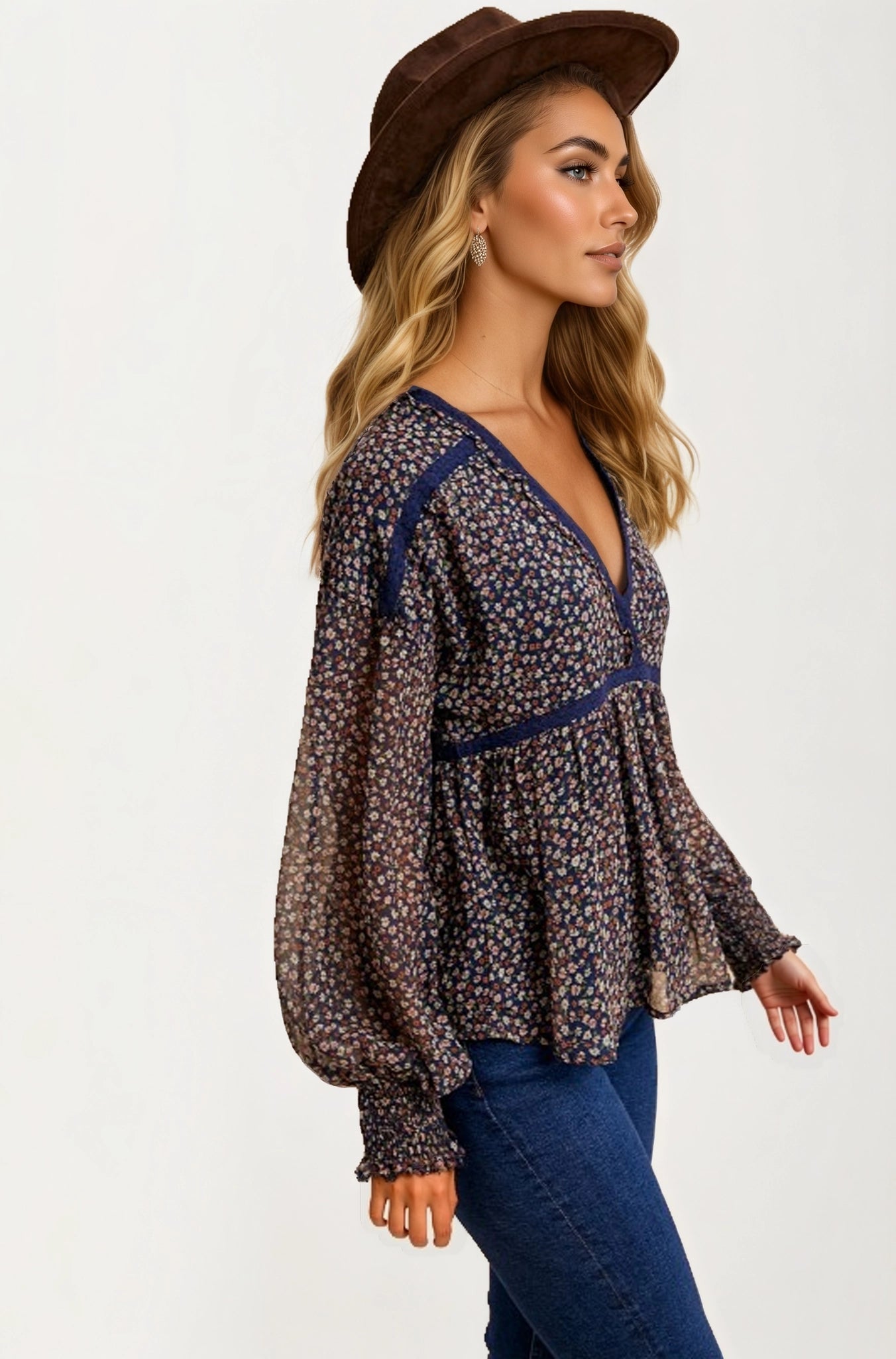 Sheer Floral Long Sleeve Blouse with Smocked Cuffs