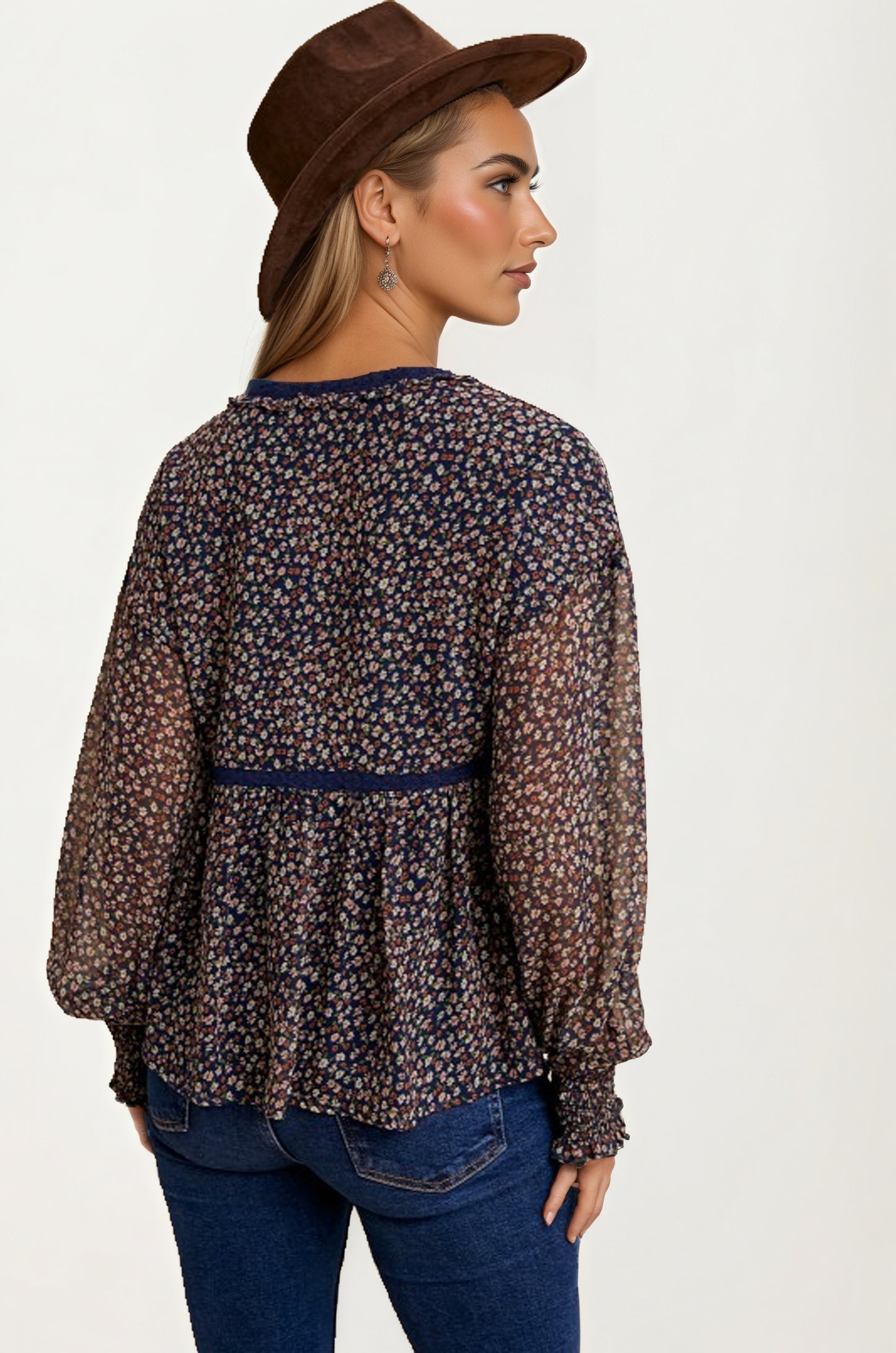 Sheer Floral Long Sleeve Blouse with Smocked Cuffs