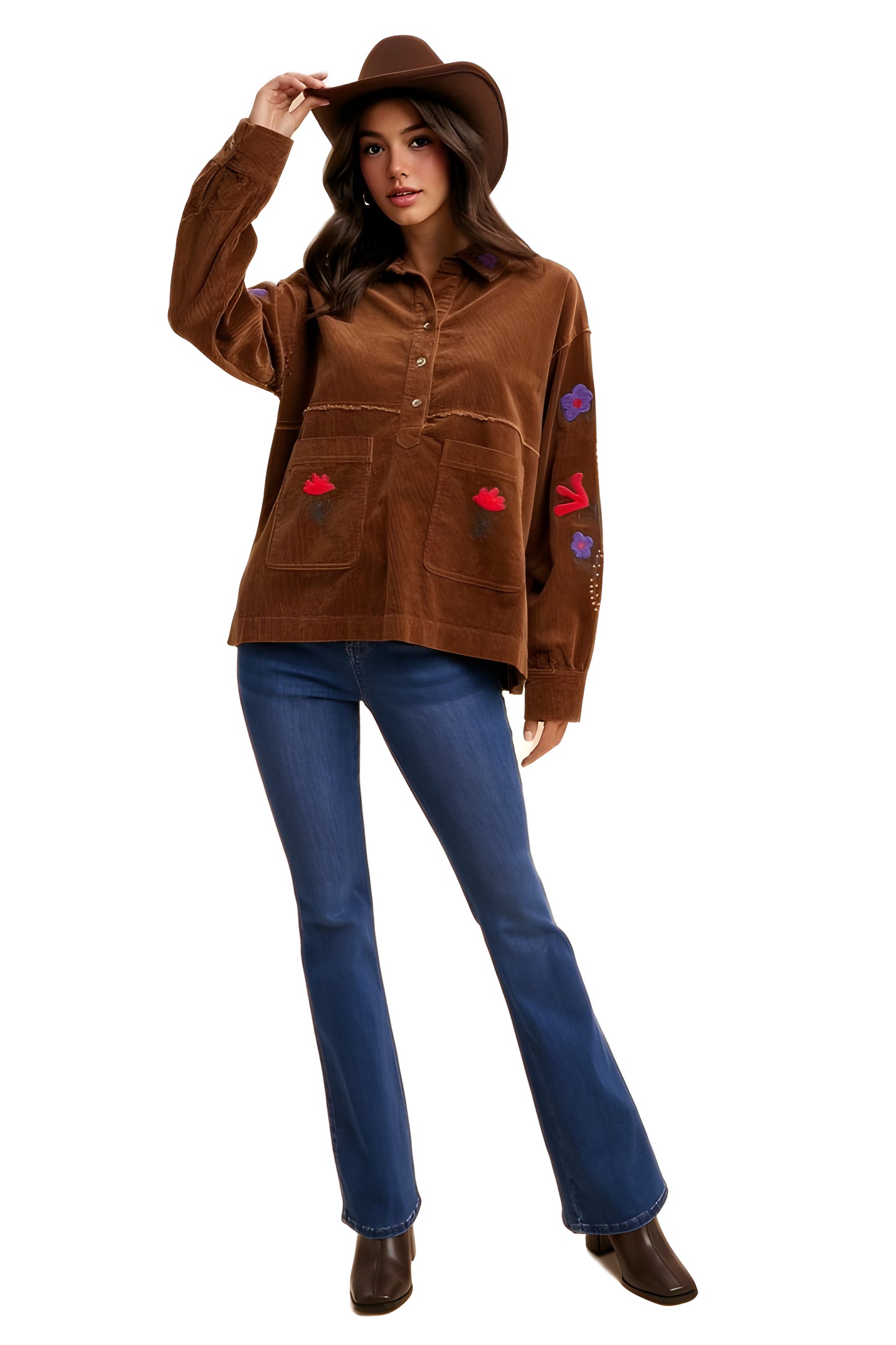 Brown Embroidered Floral Corduroy Button-Up Jacket