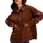 Brown Embroidered Floral Corduroy Button-Up Jacket
