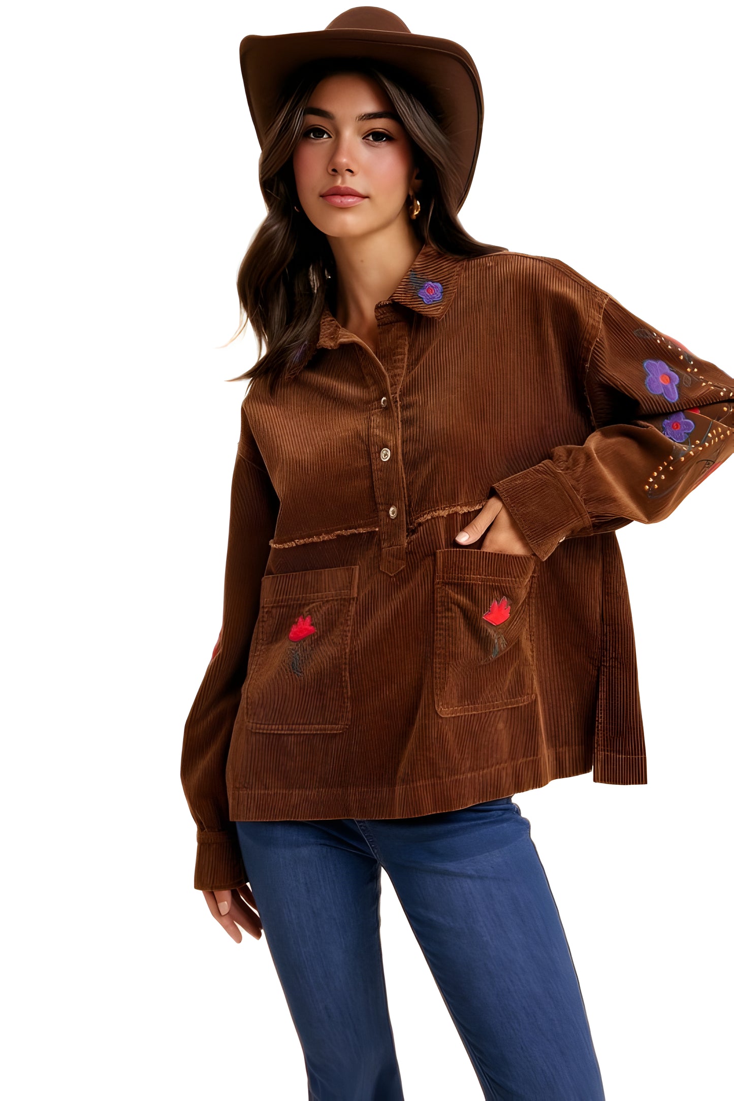 Brown Embroidered Floral Corduroy Button-Up Jacket
