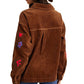 Brown Embroidered Floral Corduroy Button-Up Jacket
