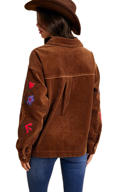 Brown Embroidered Floral Corduroy Button-Up Jacket
