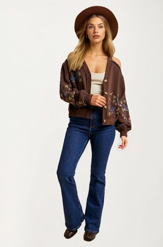 Embroidered Floral Button Front Cardigan with Delicate Detailing