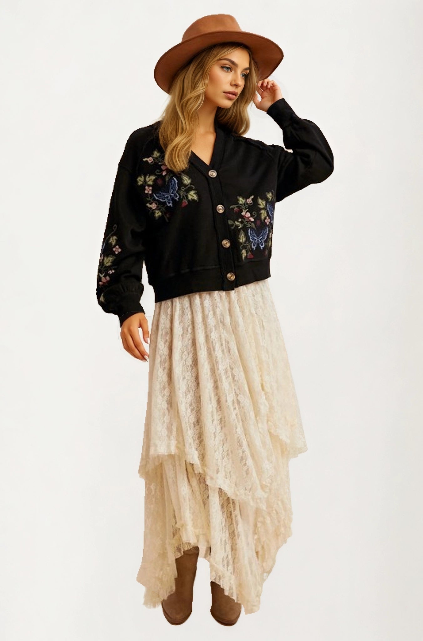 Embroidered Floral Button Front Cardigan with Delicate Detailing