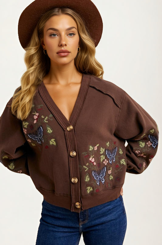 Embroidered Floral Button Front Cardigan with Delicate Detailing