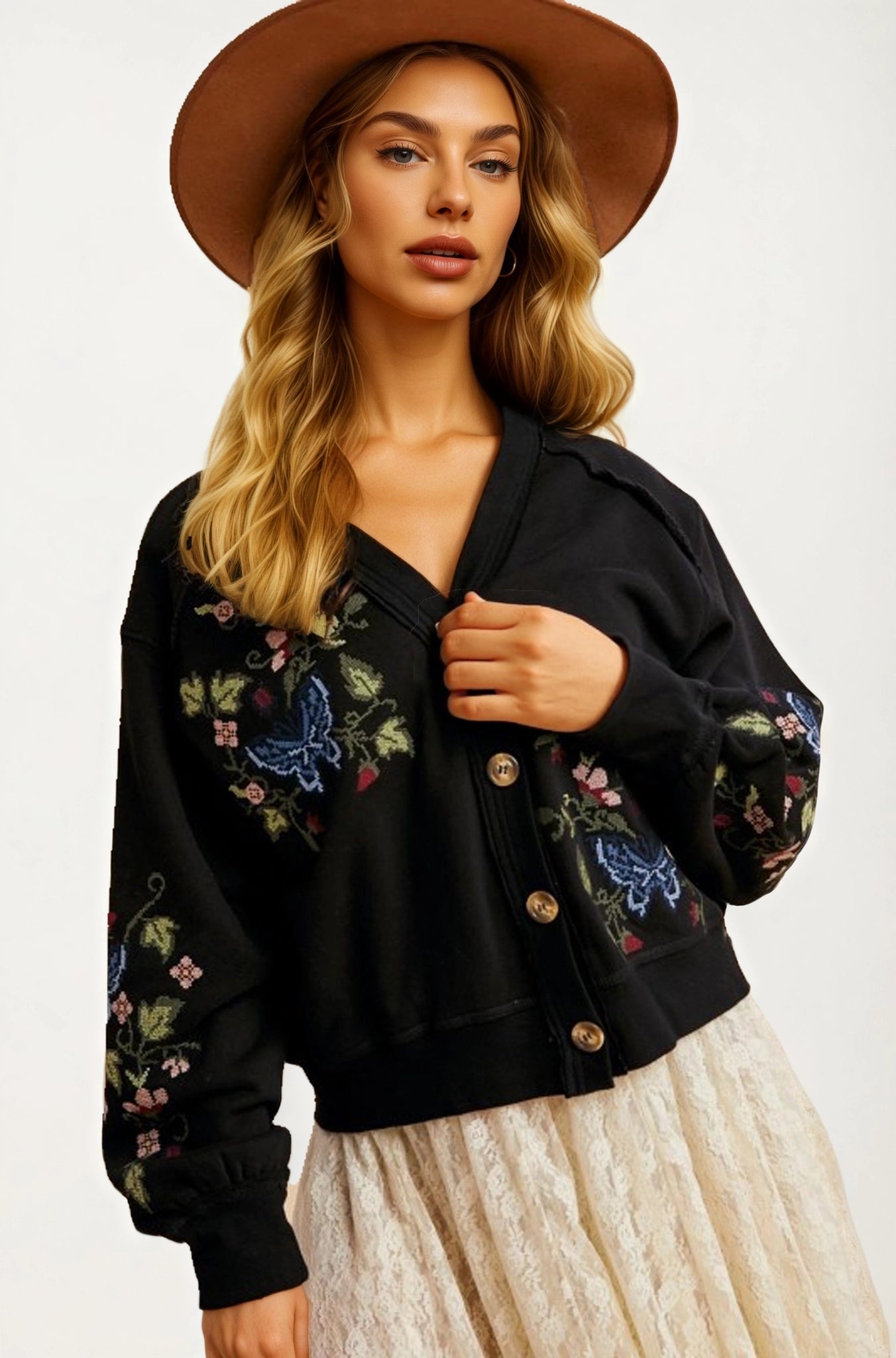 Embroidered Floral Button Front Cardigan with Delicate Detailing