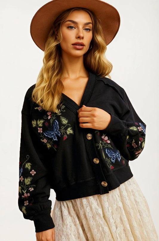 Embroidered Floral Button Front Cardigan with Delicate Detailing