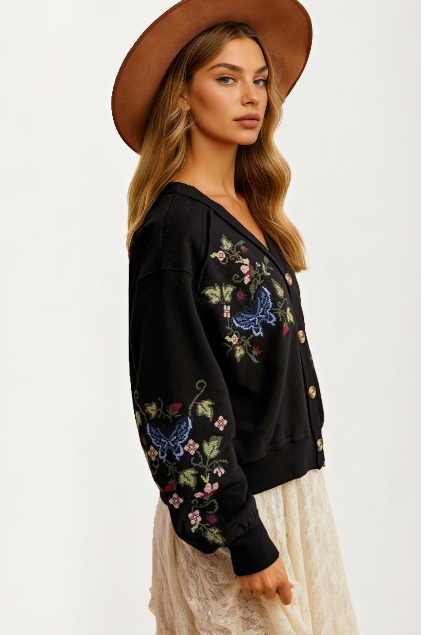 Embroidered Floral Button Front Cardigan with Delicate Detailing