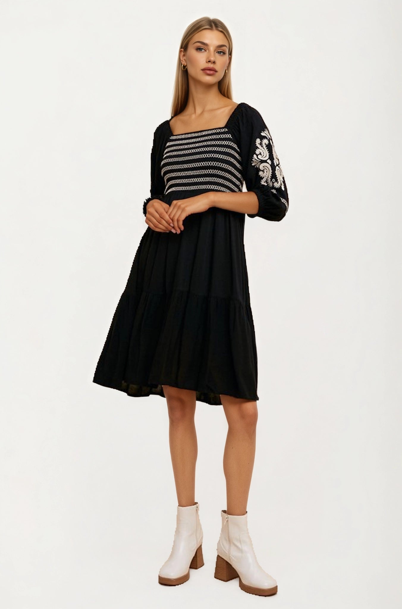 Embroidered Square Neck Dress with 3/4 Sleeves