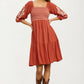 Embroidered Square Neck Dress with 3/4 Sleeves