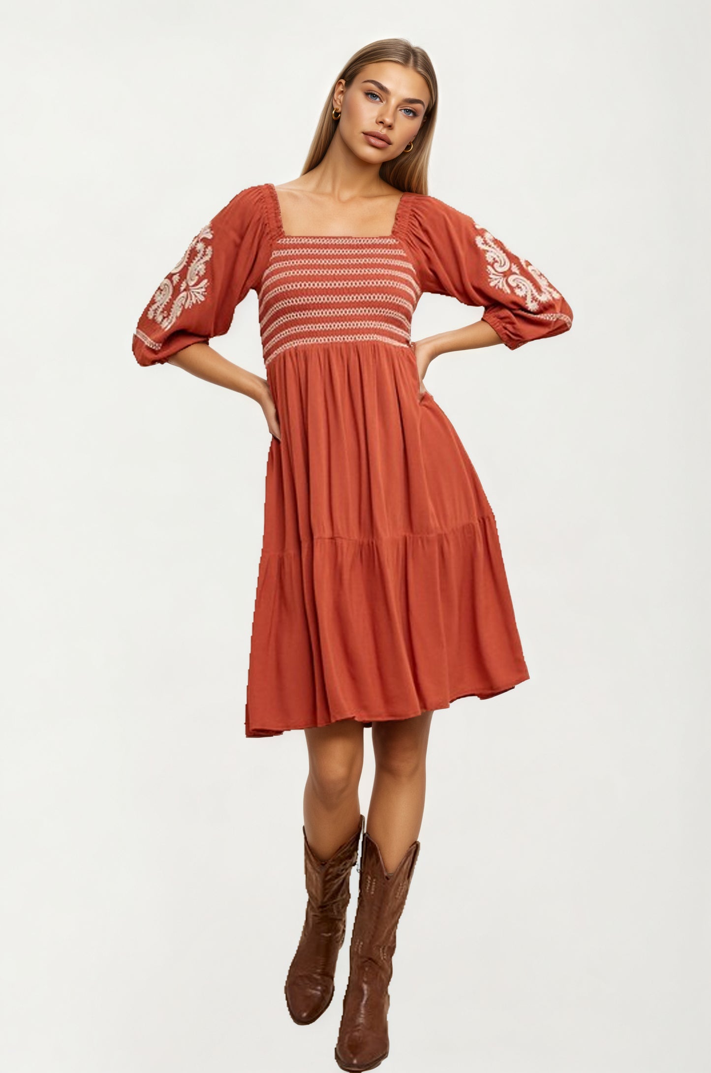 Embroidered Square Neck Dress with 3/4 Sleeves