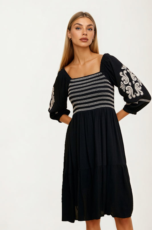 Embroidered Square Neck Dress with 3/4 Sleeves