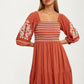 Embroidered Square Neck Dress with 3/4 Sleeves