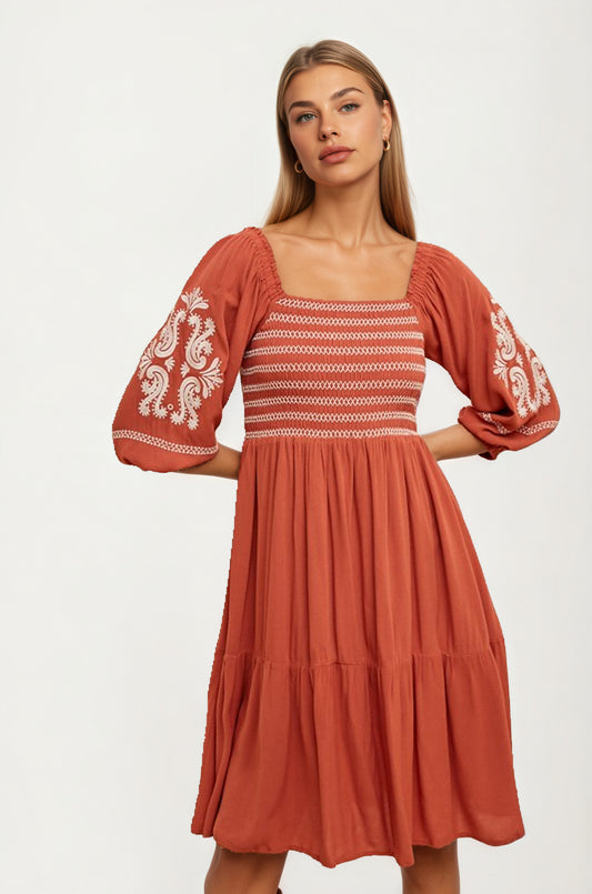 Embroidered Square Neck Dress with 3/4 Sleeves