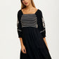 Embroidered Square Neck Dress with 3/4 Sleeves