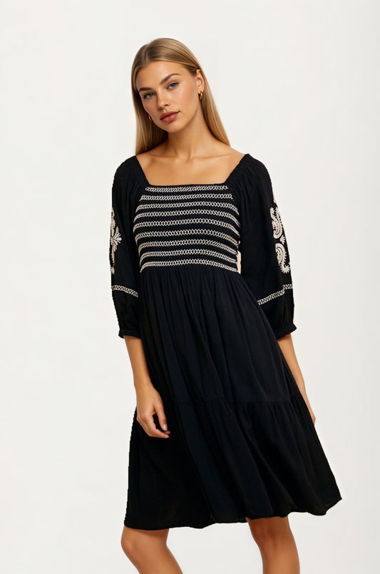 Embroidered Square Neck Dress with 3/4 Sleeves