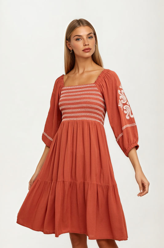 Embroidered Square Neck Dress with 3/4 Sleeves