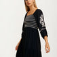 Embroidered Square Neck Dress with 3/4 Sleeves