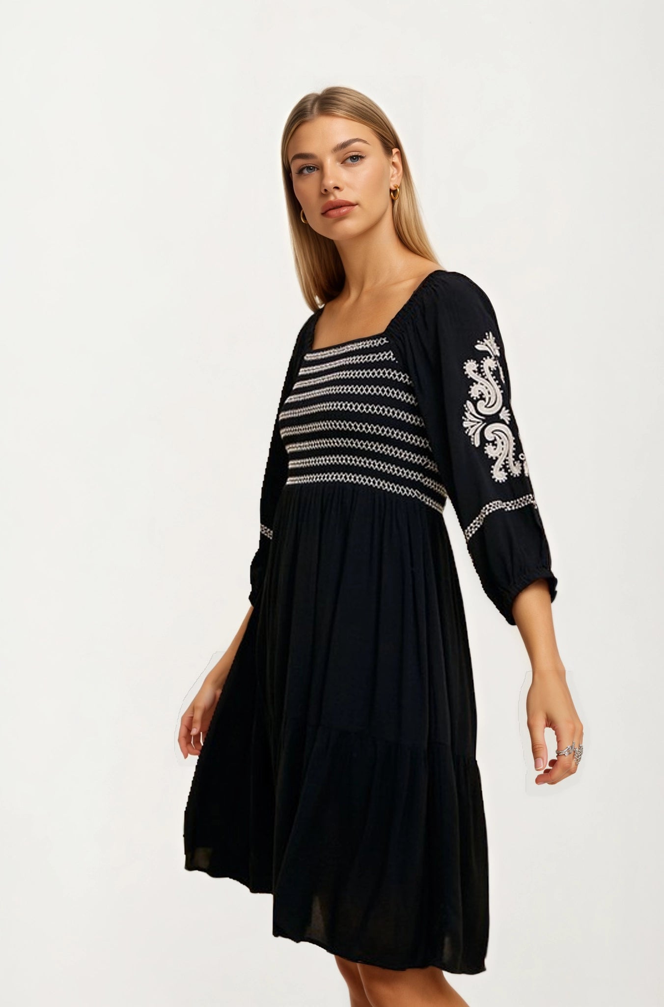 Embroidered Square Neck Dress with 3/4 Sleeves