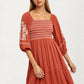 Embroidered Square Neck Dress with 3/4 Sleeves