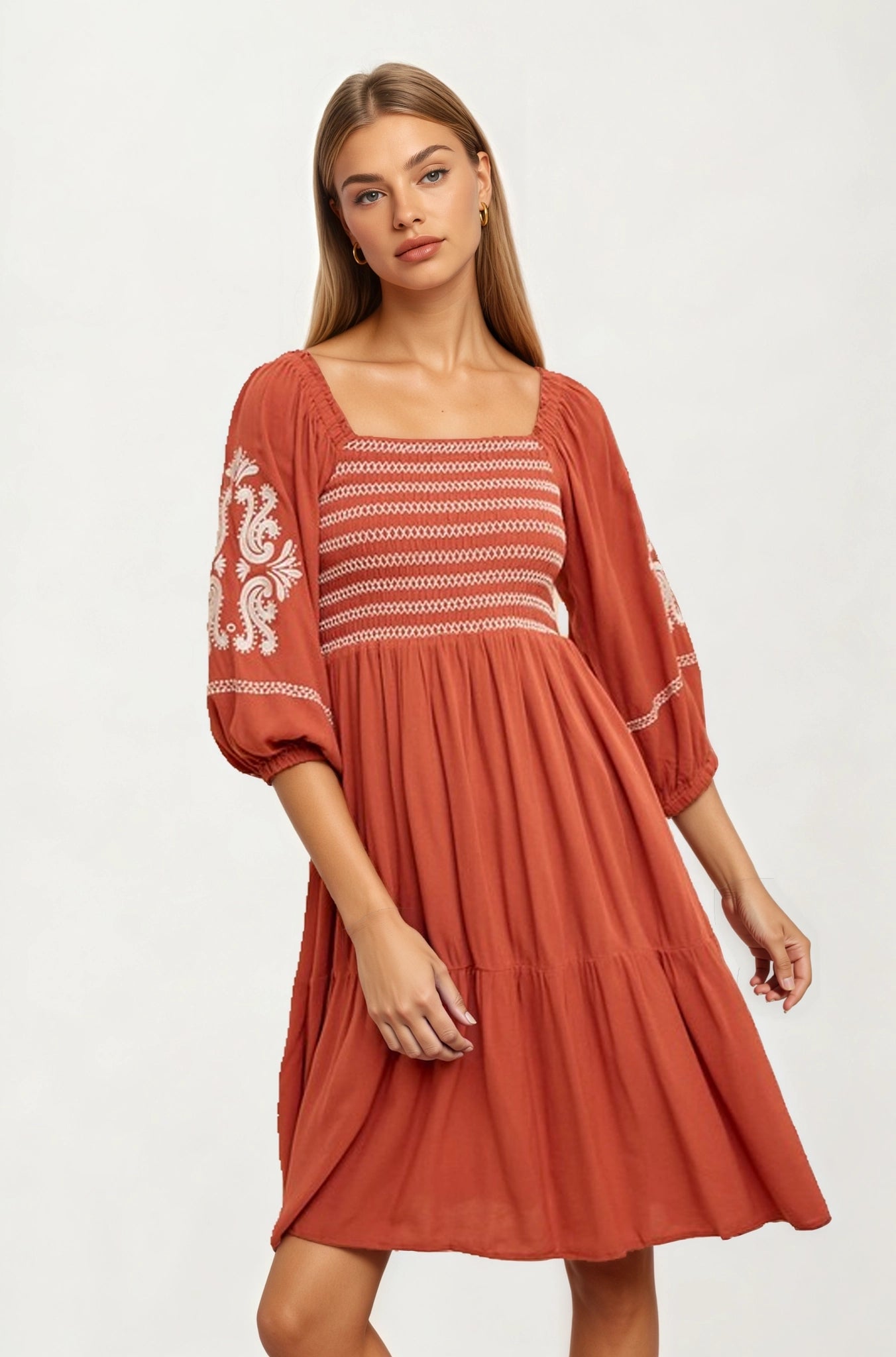 Embroidered Square Neck Dress with 3/4 Sleeves
