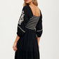 Embroidered Square Neck Dress with 3/4 Sleeves