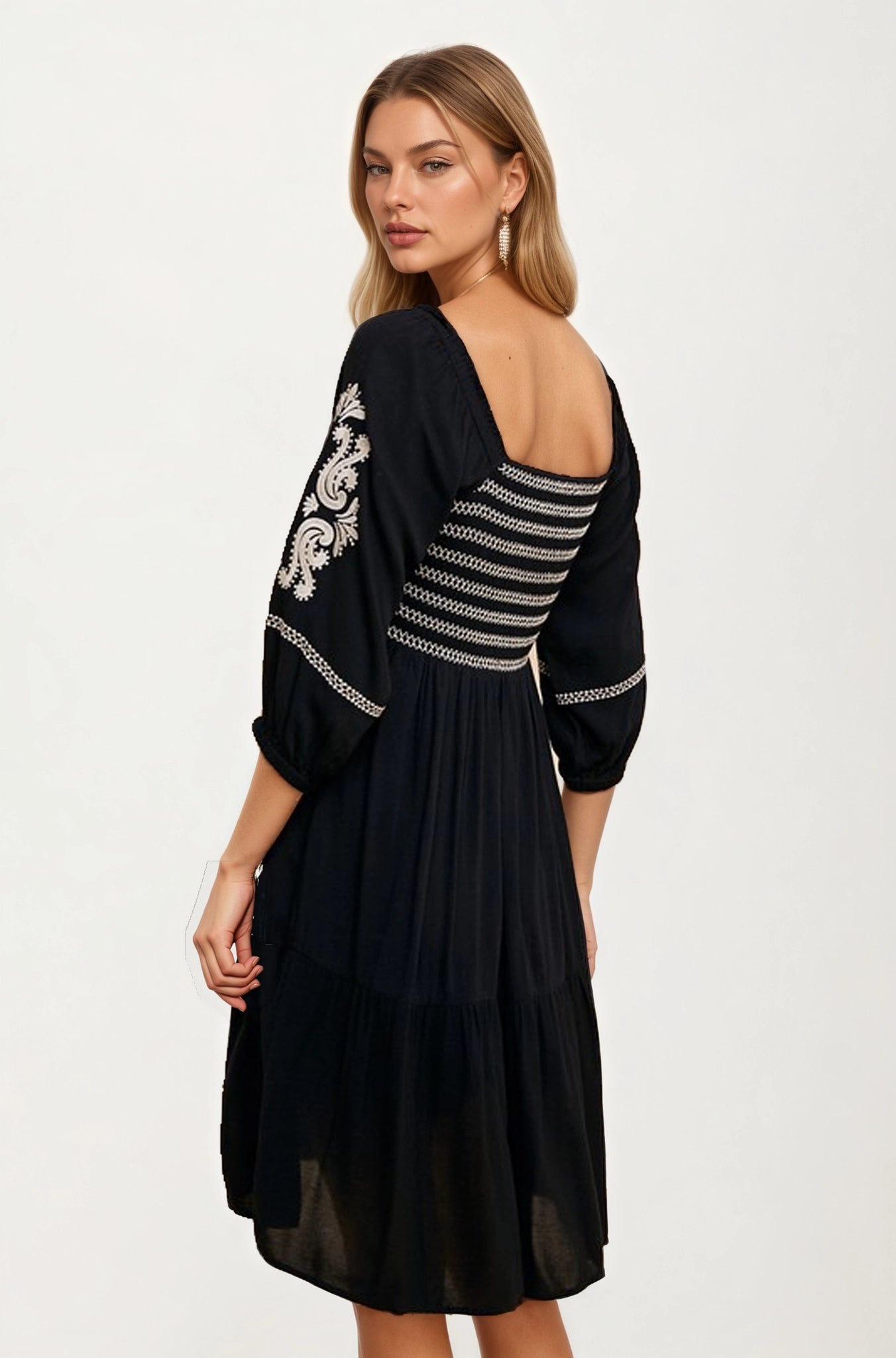 Embroidered Square Neck Dress with 3/4 Sleeves