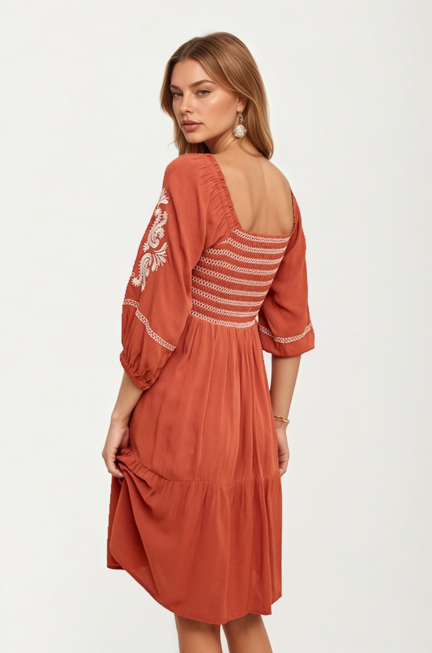 Embroidered Square Neck Dress with 3/4 Sleeves