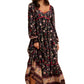 Boho Tiered Floral Print Long Sleeve Midi Dress with Lace Trim