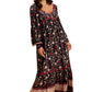 Boho Tiered Floral Print Long Sleeve Midi Dress with Lace Trim