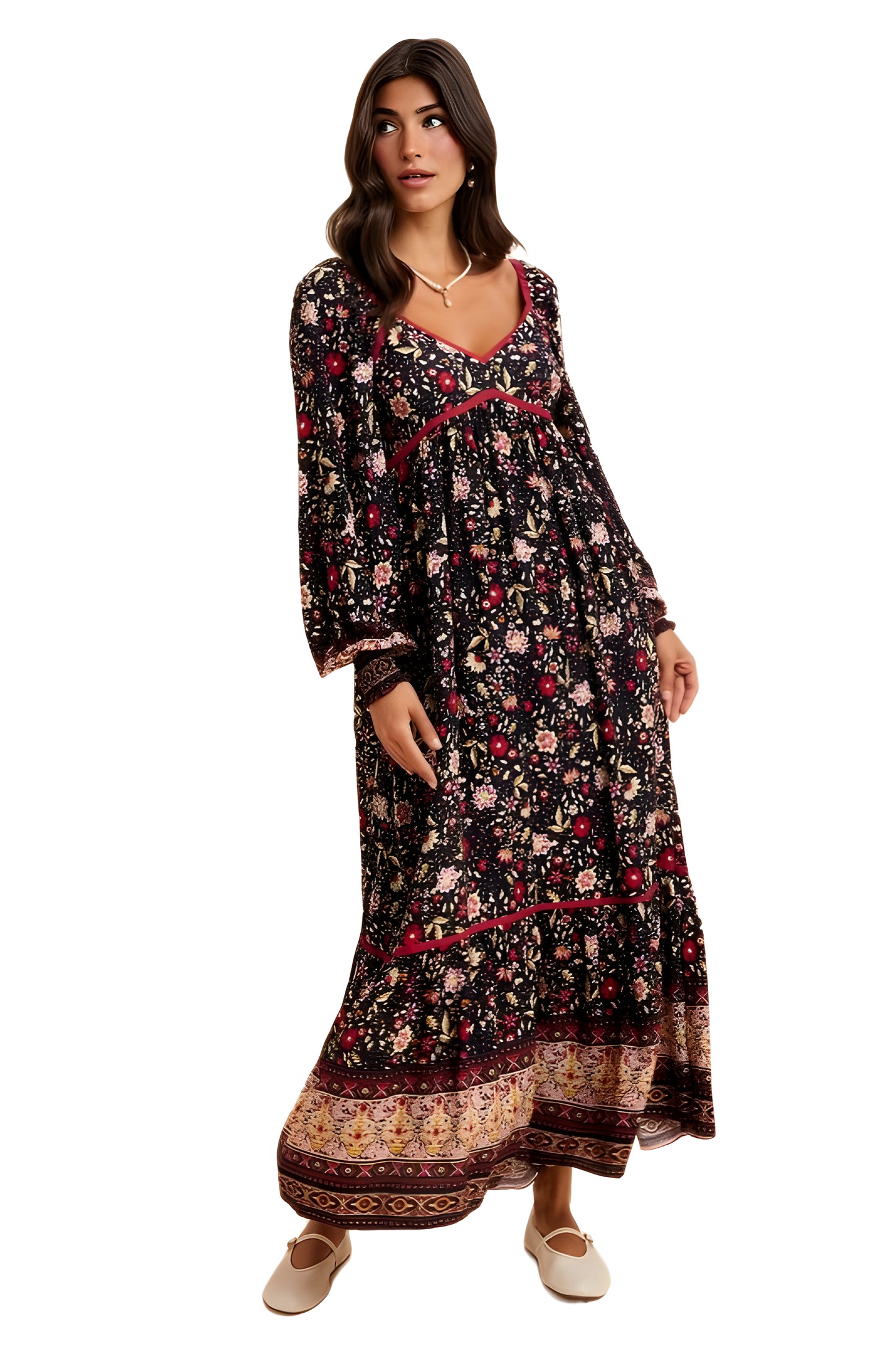 Boho Tiered Floral Print Long Sleeve Midi Dress with Lace Trim