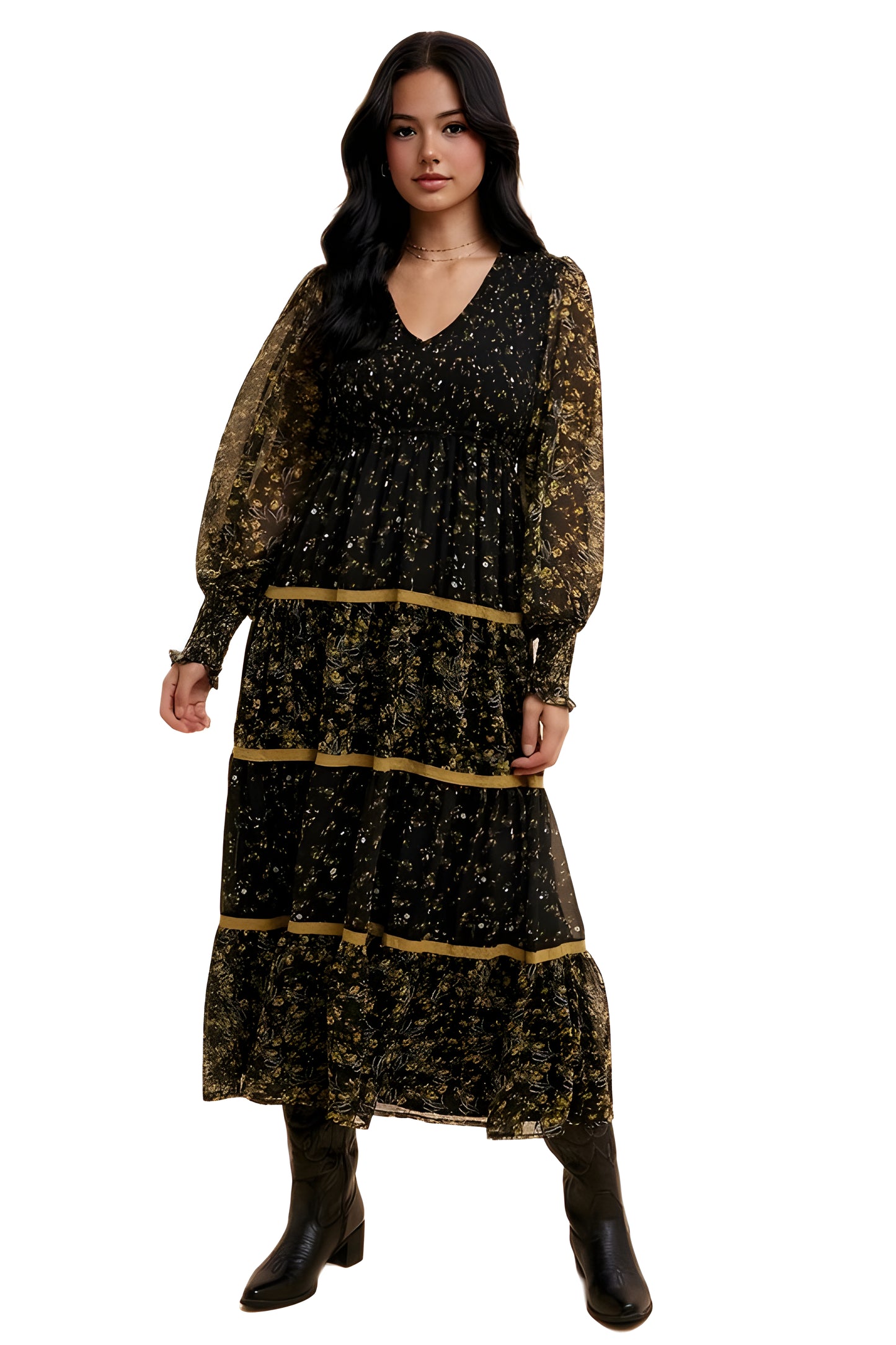 Floral Tiered Long Sleeve Midi Dress With Contrast Trim