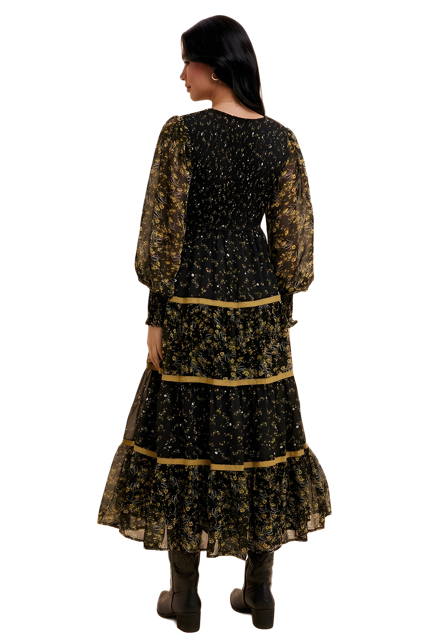 Floral Tiered Long Sleeve Midi Dress With Contrast Trim